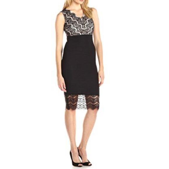 Sangria Women's 14 Black Lace Pink Lined Midi Bodycon Sheath Dress NWT - Picture 1 of 16